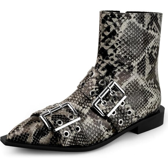 ⚡Women's Snake Pattern Halloween Ankle Boot Pointed Toe Chunky Heel Boots Buckle - Picture 1 of 6
